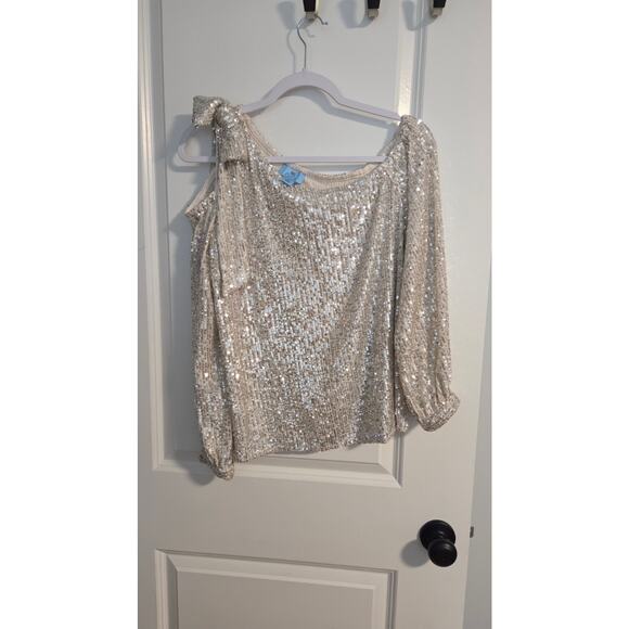 CeCe Ivory One-Shoulder Sequin Top Bow Detail Long Sleeve Size M - Picture 2 of 5